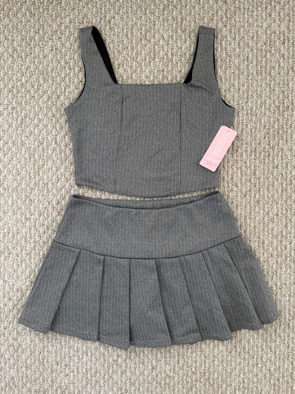 I Believe Grey Striped Top Skirt Matching Set